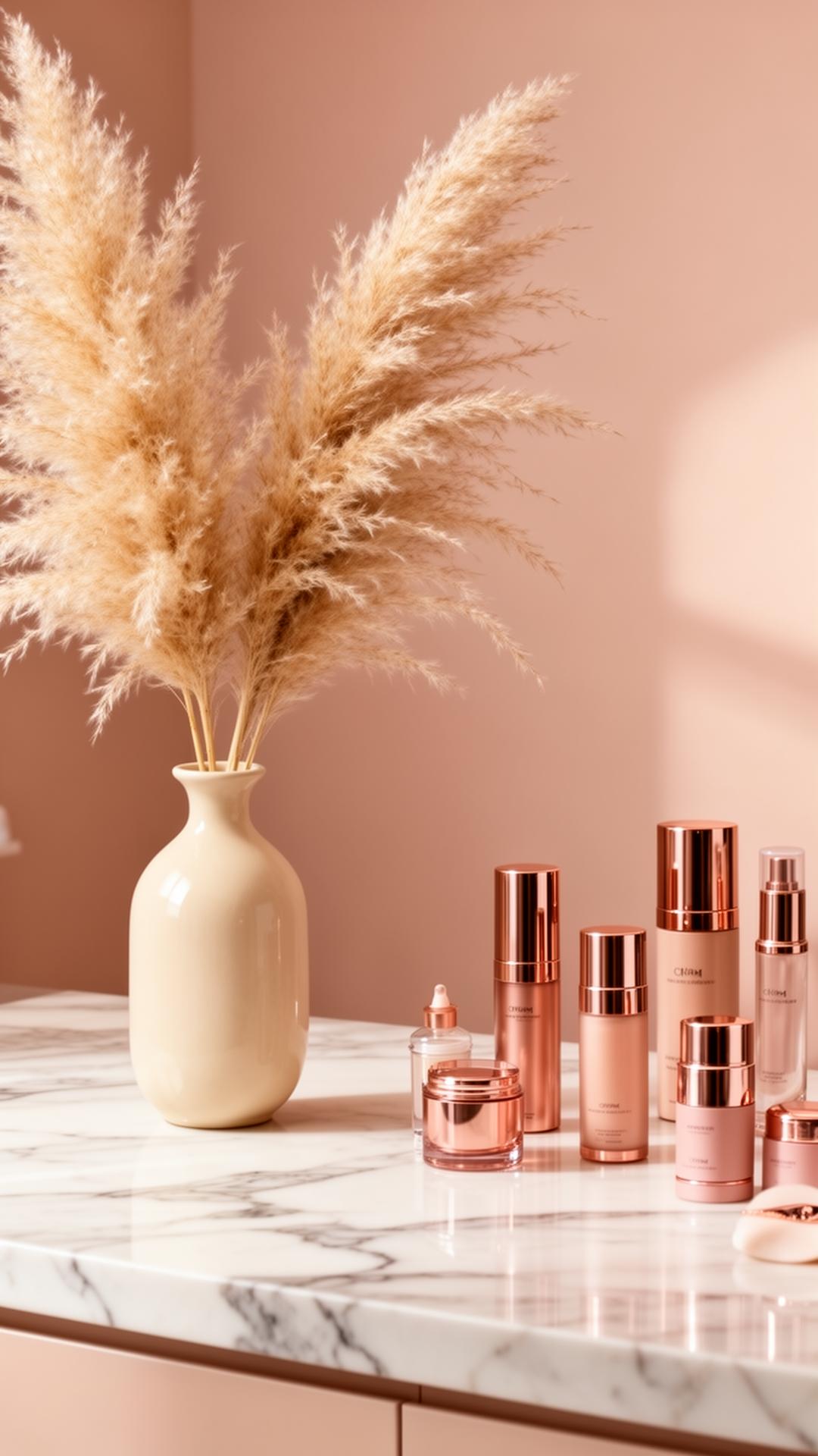 Luxury beauty studio with rose gold skincare and pampas grass